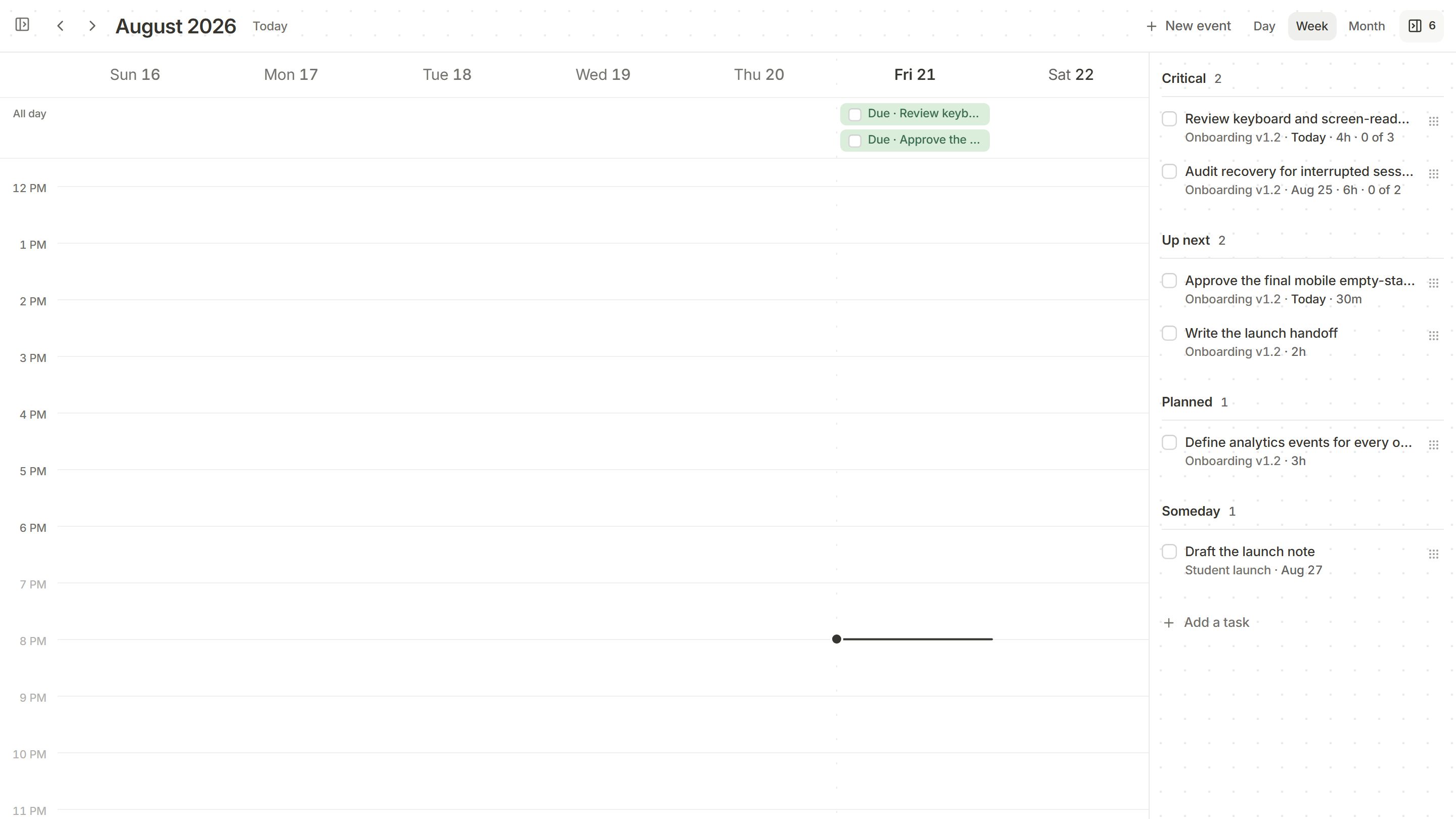 A Kanso task list grouped into Up next, Planned and Someday, each task with its release and time estimate.