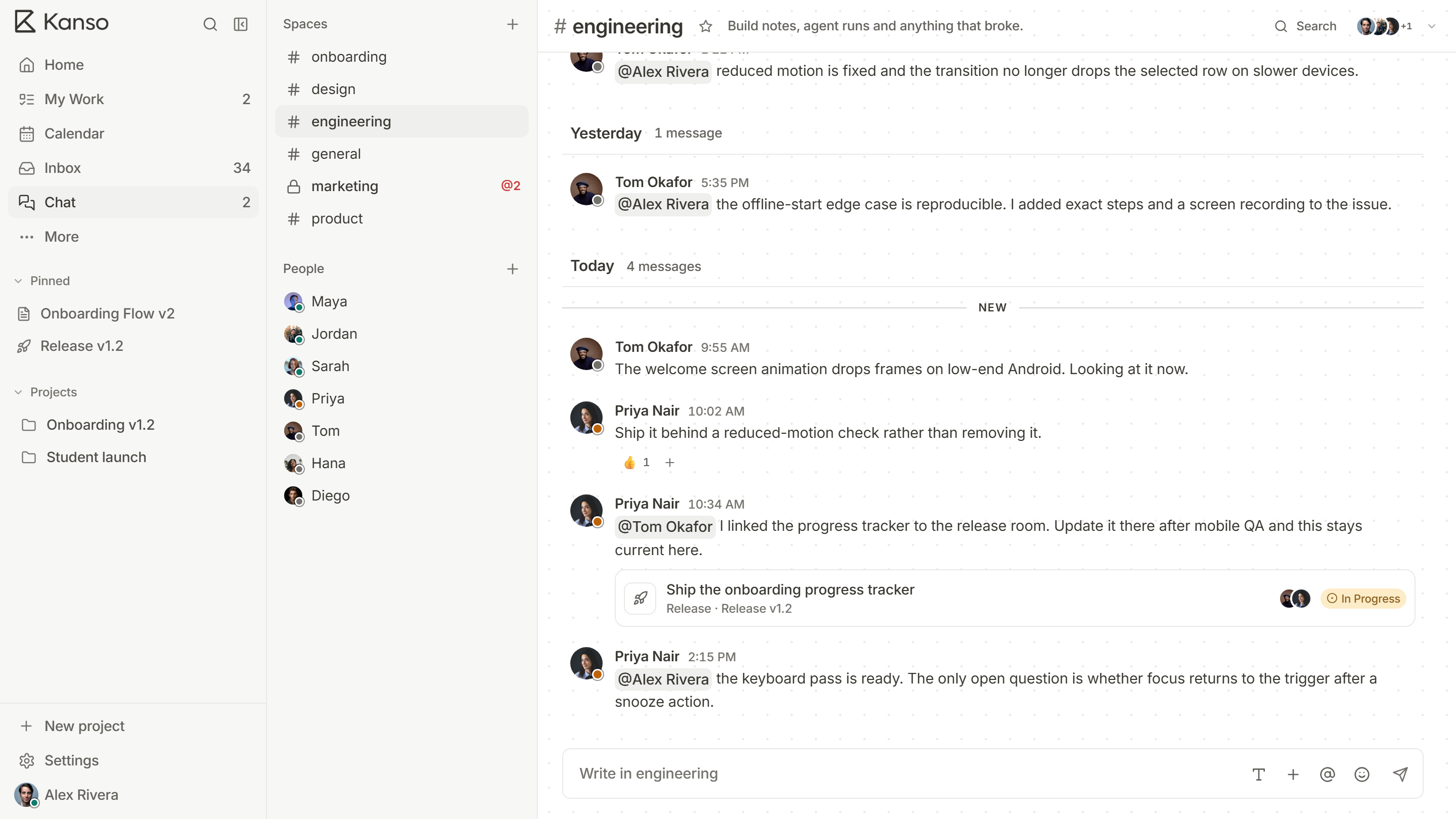 A Kanso chat message mentioning Tom Okafor, with a linked release task, Ship the onboarding progress tracker, shown as a card beneath it.