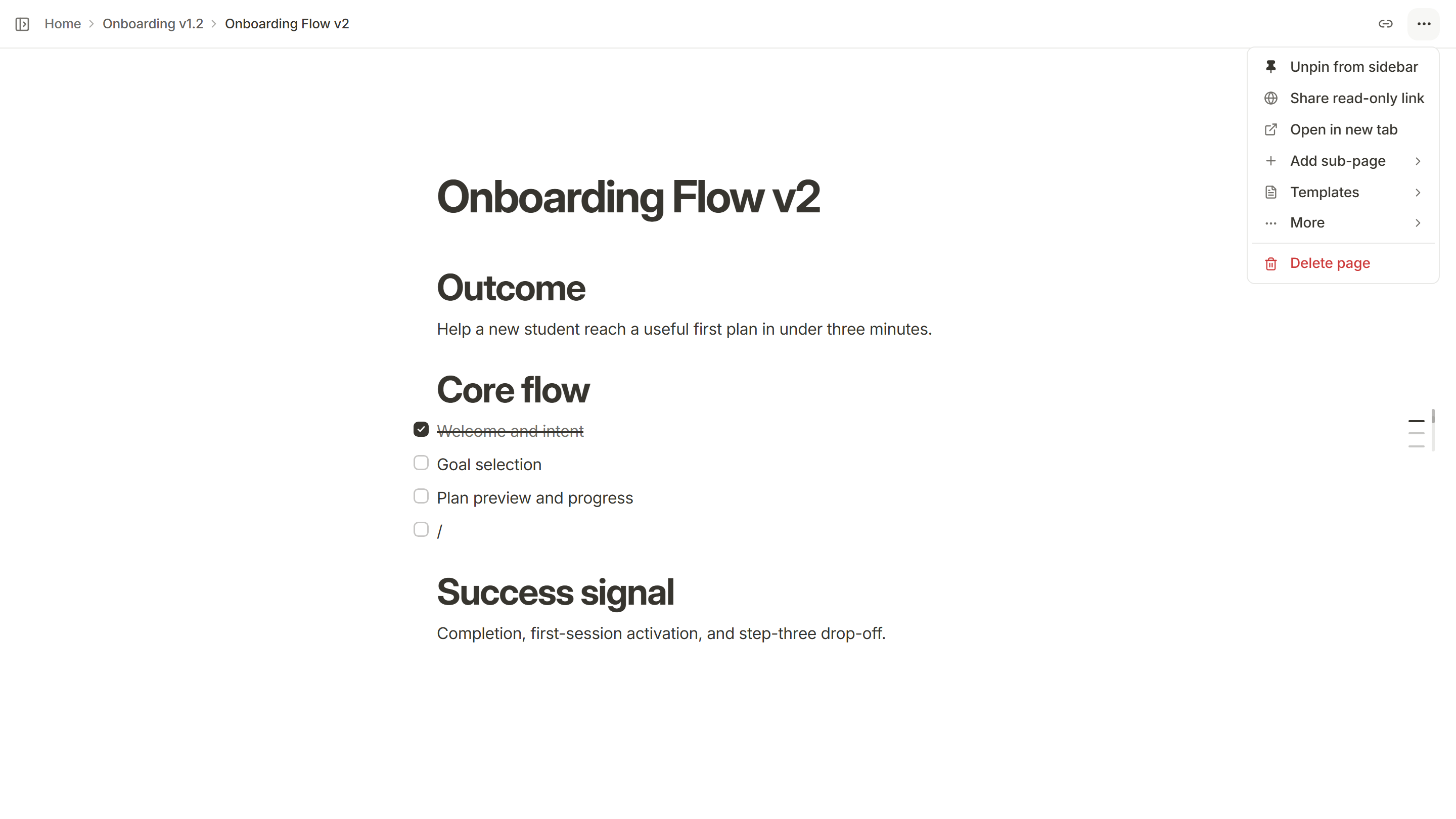 The More menu of a Kanso doc, with Unpin from sidebar, Share read-only link, Open in new tab, Add sub-page, Templates, More and Delete page.