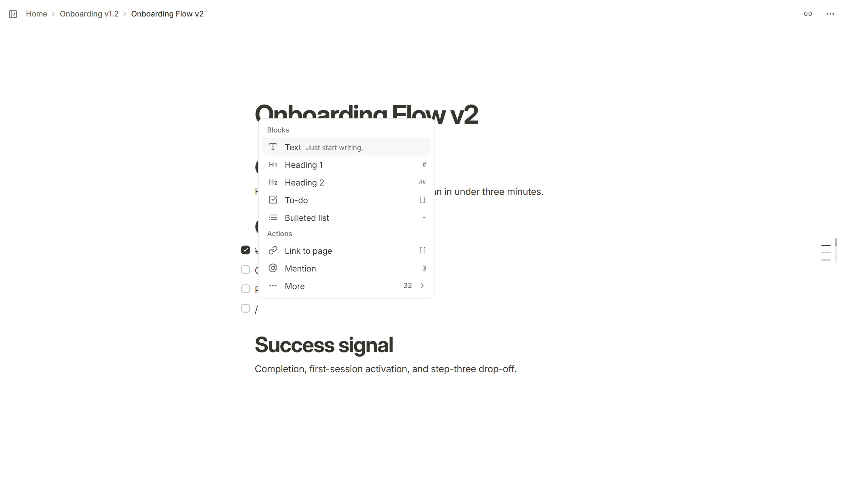 The slash menu open in a Kanso doc, listing the Text, Heading 1, Heading 2, To-do and Bulleted list blocks, then the Link to page and Mention actions.