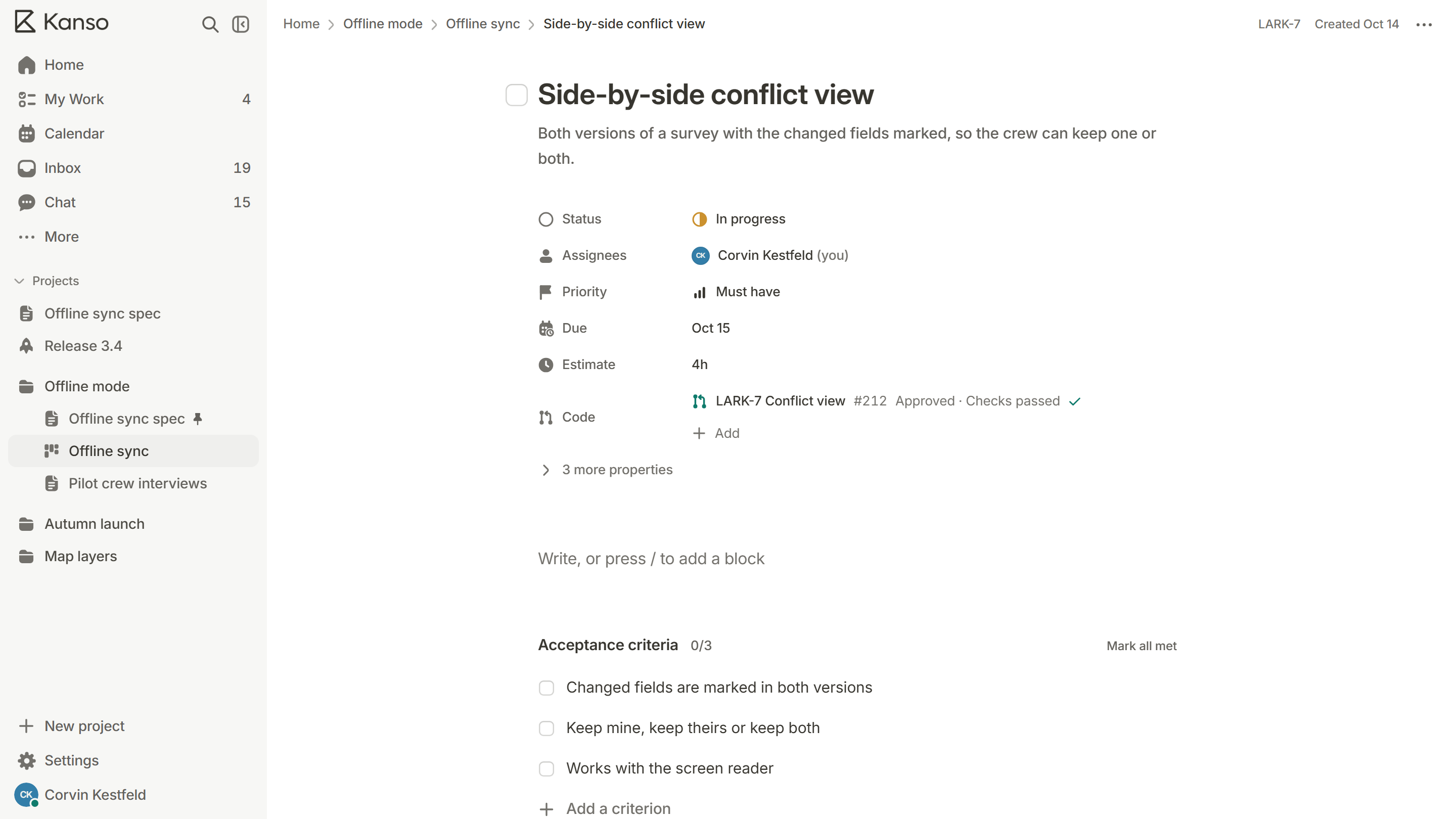 A task in Kanso with its pull request in the Code row: number 212, approved, checks passed. LARK-7 in the top bar.