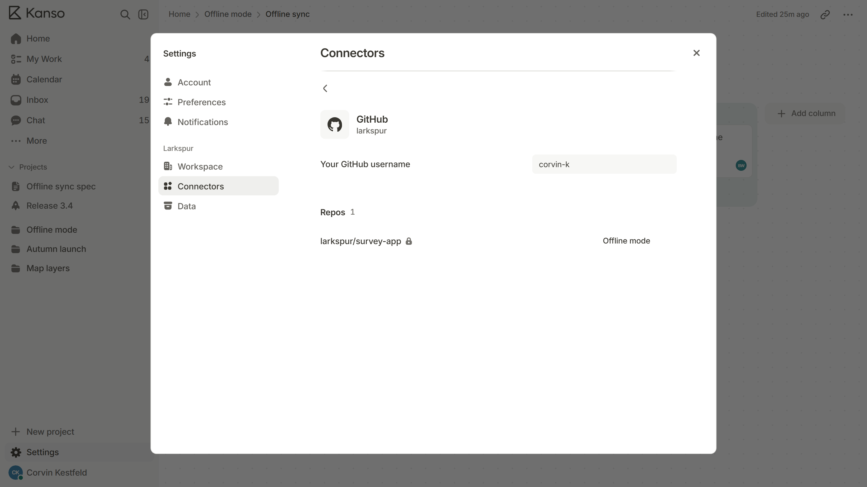 Settings, Connectors: GitHub connected to the larkspur account, a GitHub username filled in, and the repo larkspur/survey-app paired with the Offline mode project.