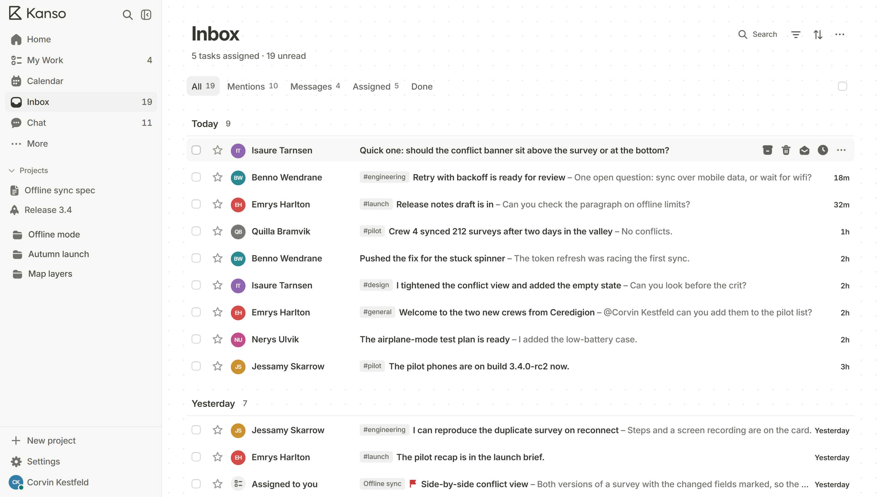 A row of the Kanso inbox under the pointer, with buttons to archive it, delete it and mark it read beside the message.