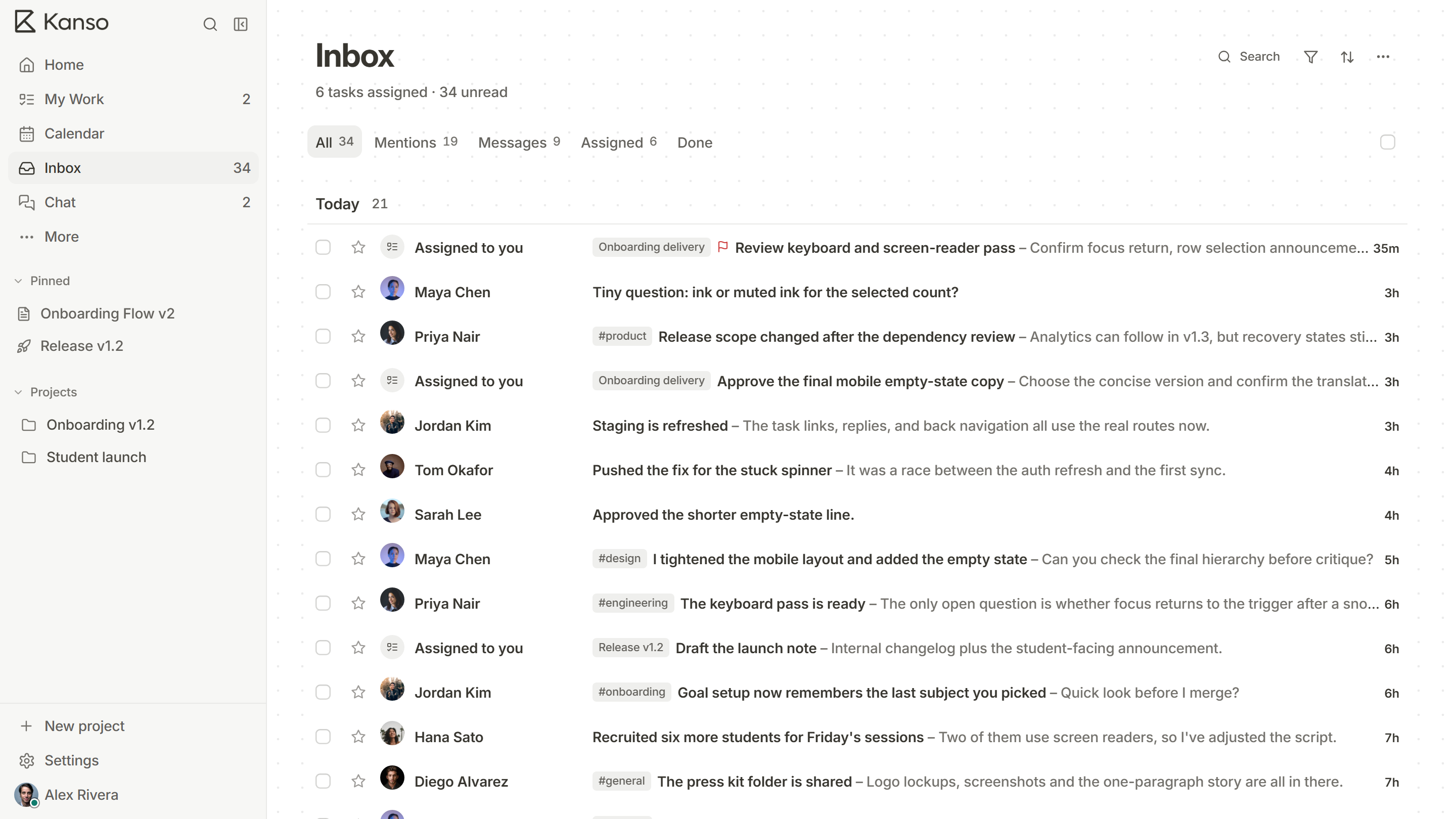 The Kanso inbox heading, 6 tasks assigned and 34 unread, above the All, Mentions, Messages, Assigned and Done tabs with their counts.