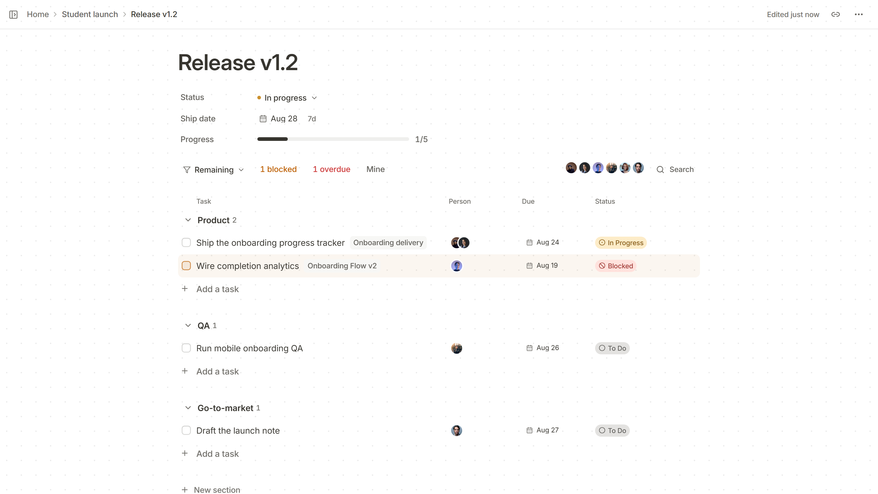 The filter bar of a Kanso release page, with Remaining, 1 blocked, 1 overdue and Mine, above the Product and QA sections.